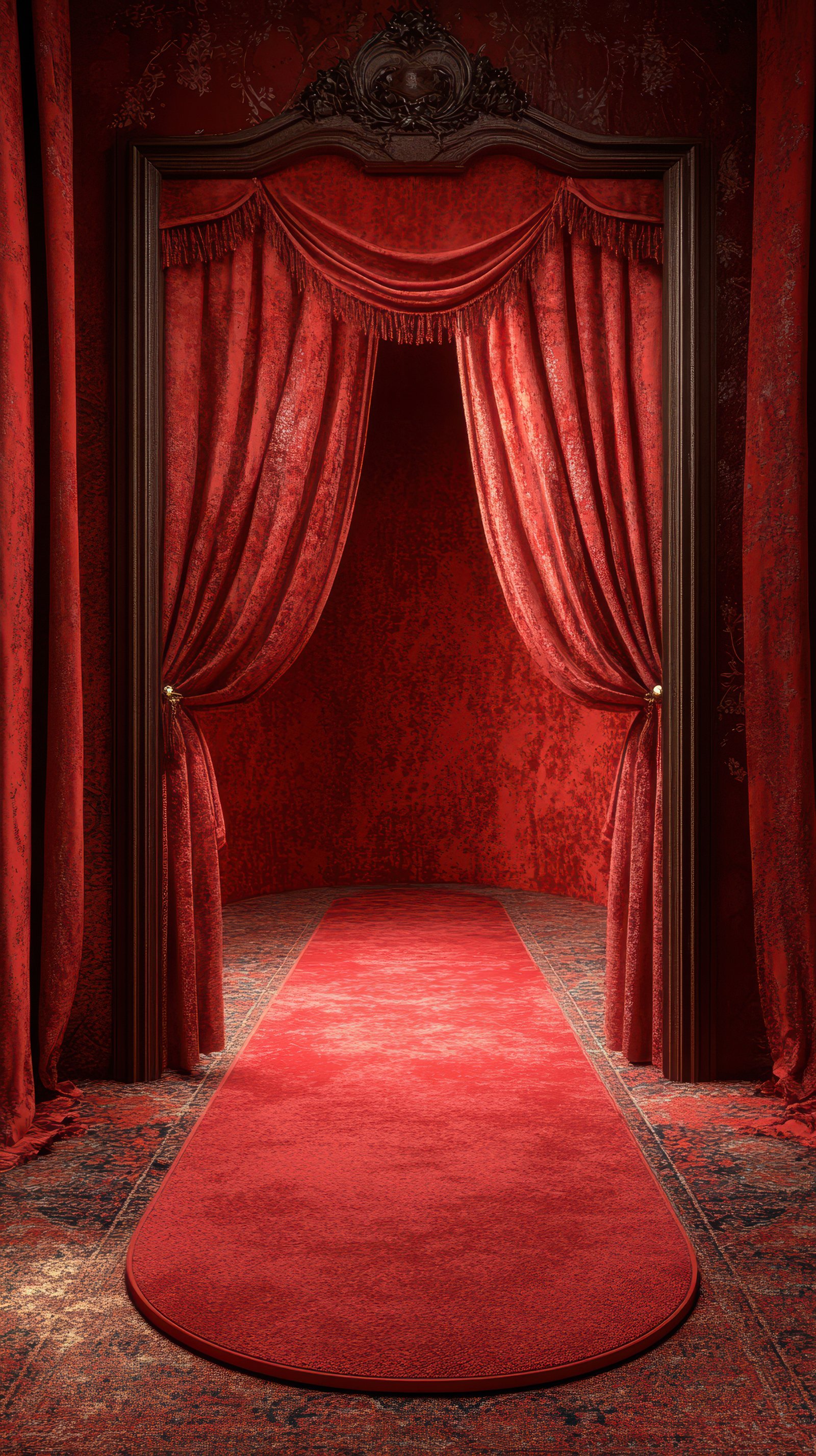 Luxurious red corridor with velvet curtains leading to an elegant space
